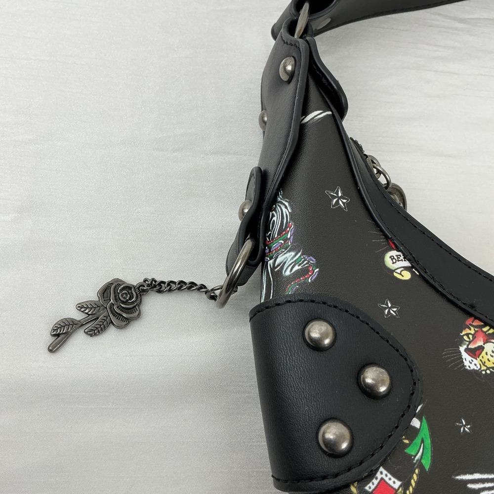 Ed Hardy Studded Tattoo Shoulder Bag Skull Tiger Rose Black Multicolor Goth NWT - Picture 4 of 10
